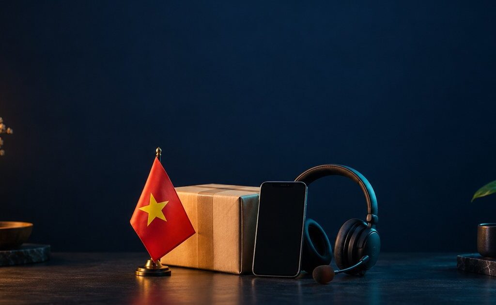 Vietnamese e-commerce localization with a Vietnam flag, parcel, phone, and support headset